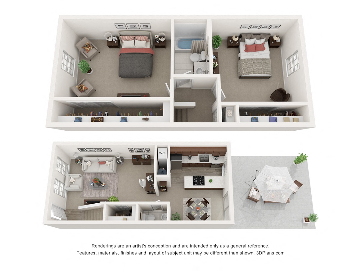 Floor plan for 2 beds, 1.5 baths, 1127 sqft
